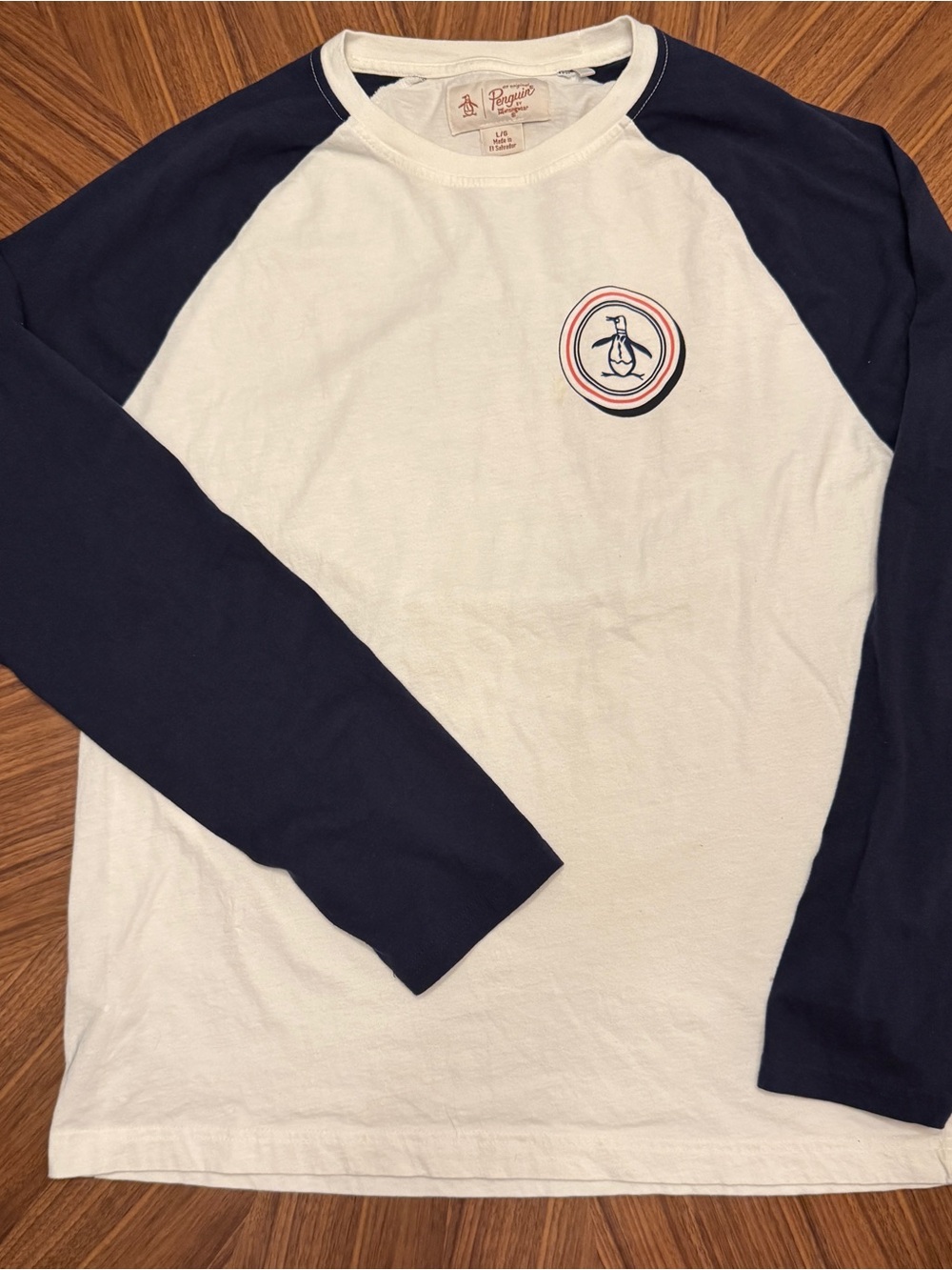 Original Penguin White and Navy Raglan Long-Sleeve Tee